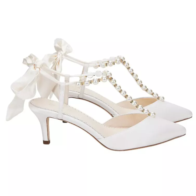 Chic T-strap kitten heels adorned with pearls, ideal for brides on their wedding day