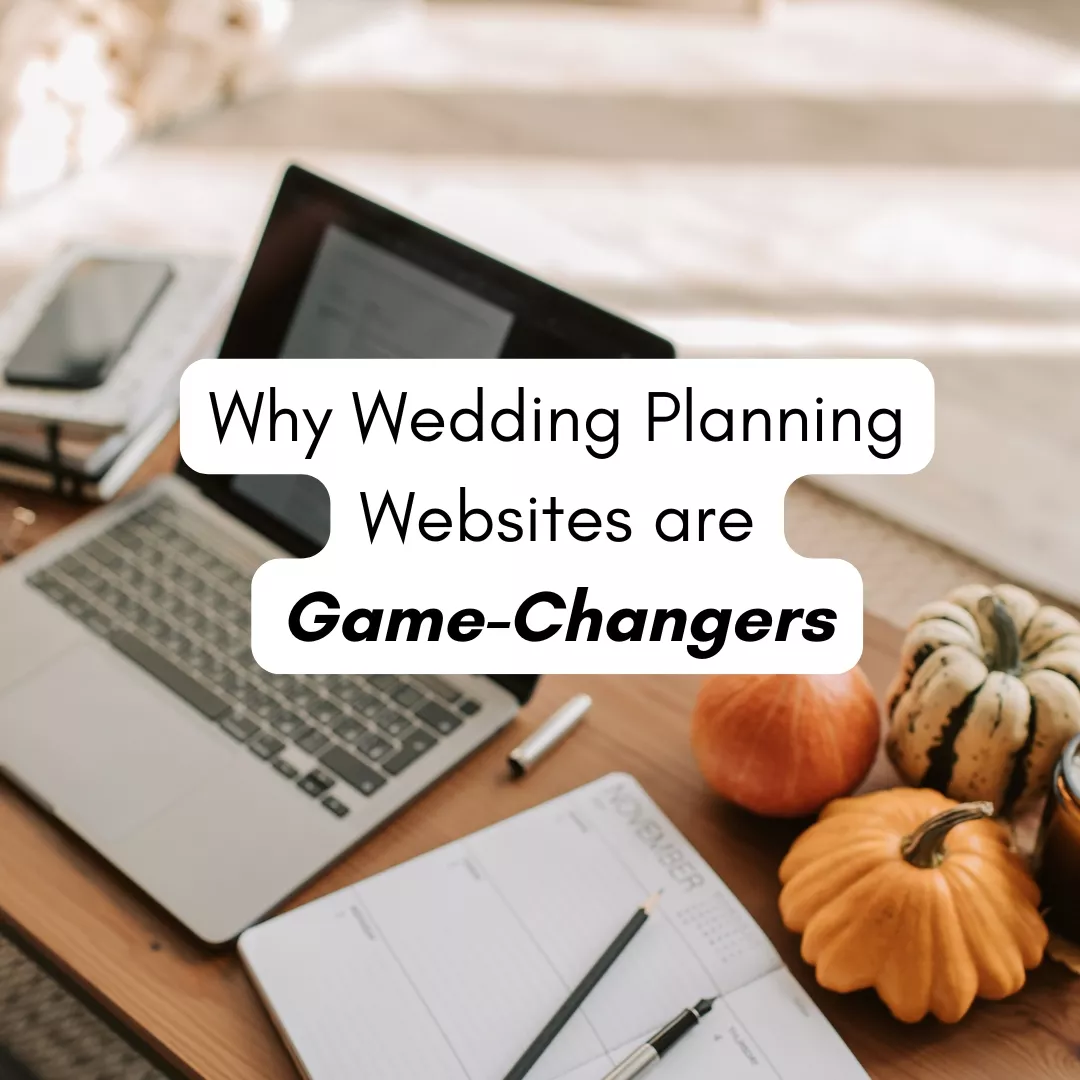 Checklist of wedding planning benefits displayed on a laptop with wedding decor in background