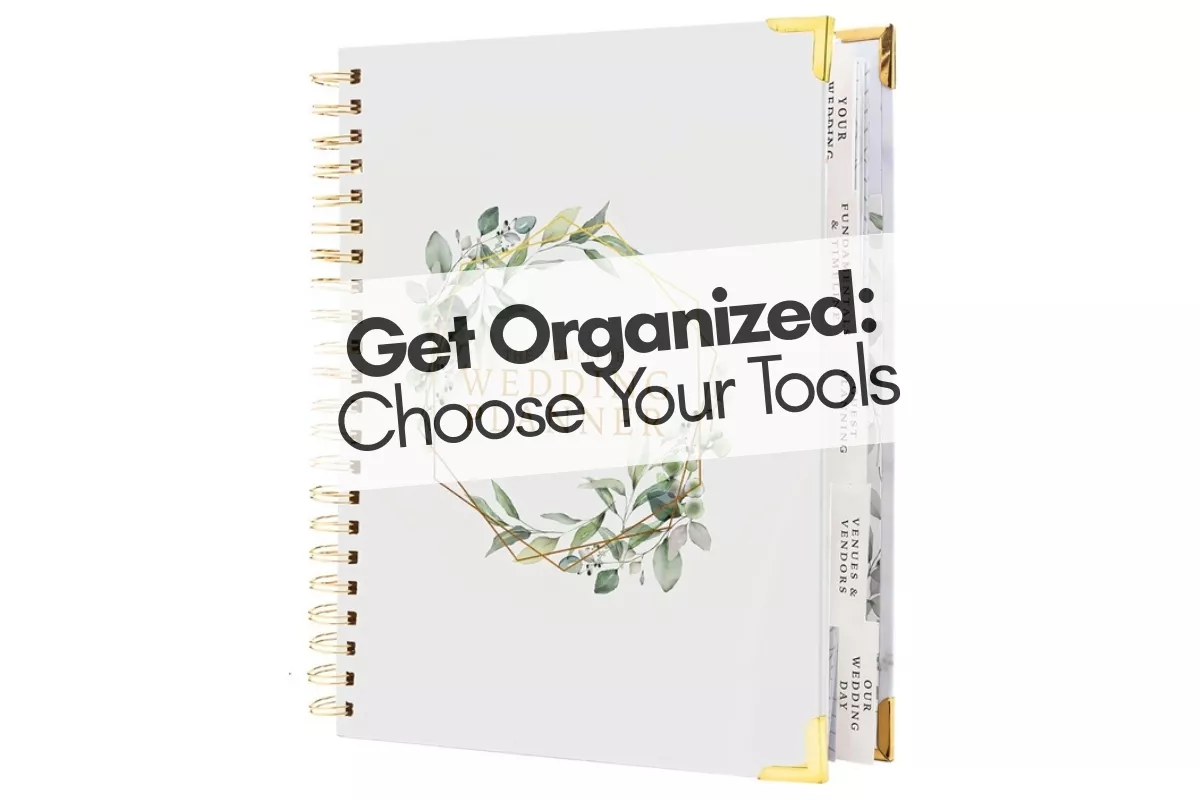 Organized wedding planning binder with notes and timeline