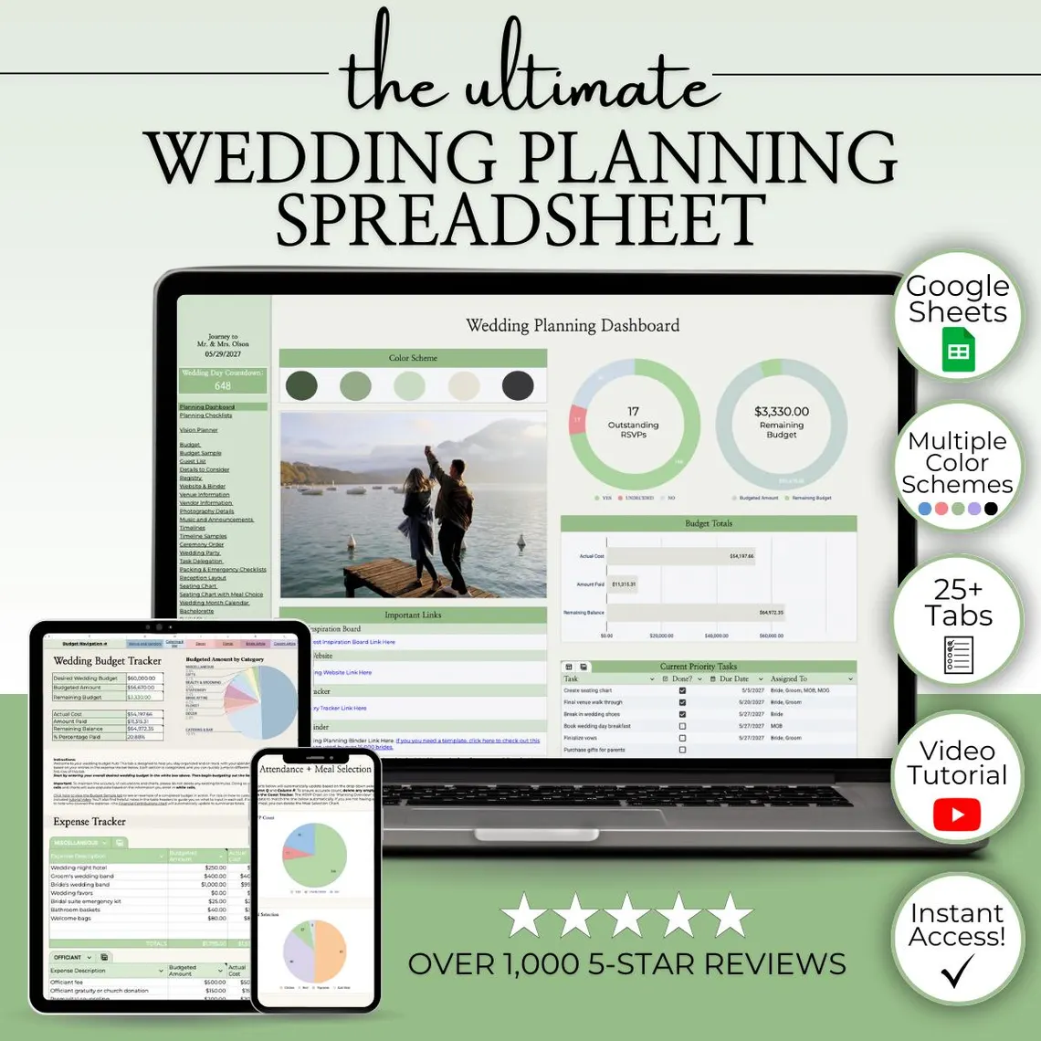 Screenshot of a wedding planning spreadsheet showing budget, guest list, vendor tracking, and timelines in Google Sheets
