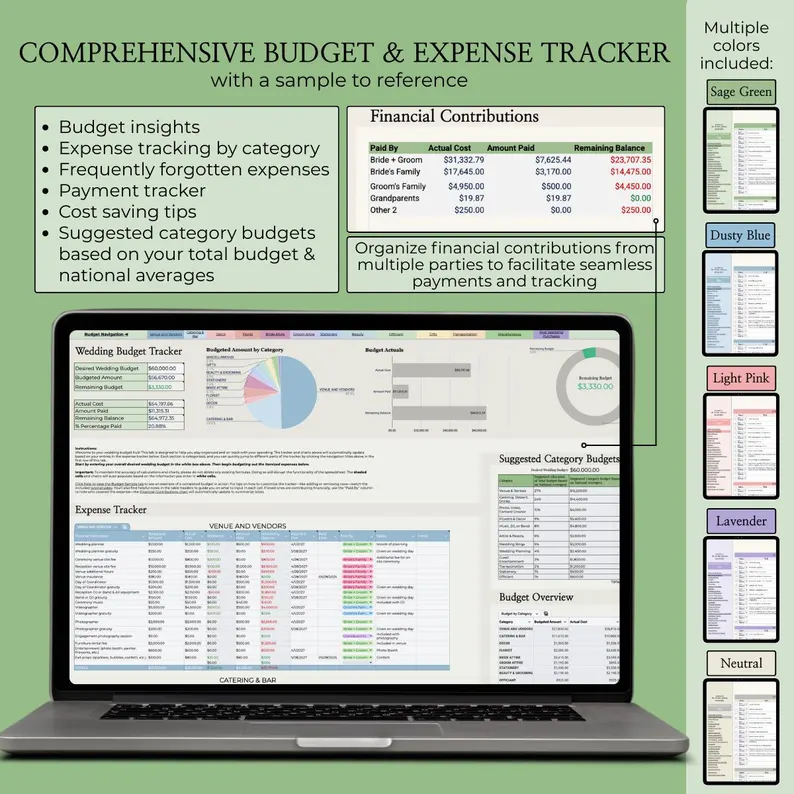 wedding planning spreadsheet - budget and expense tracker view