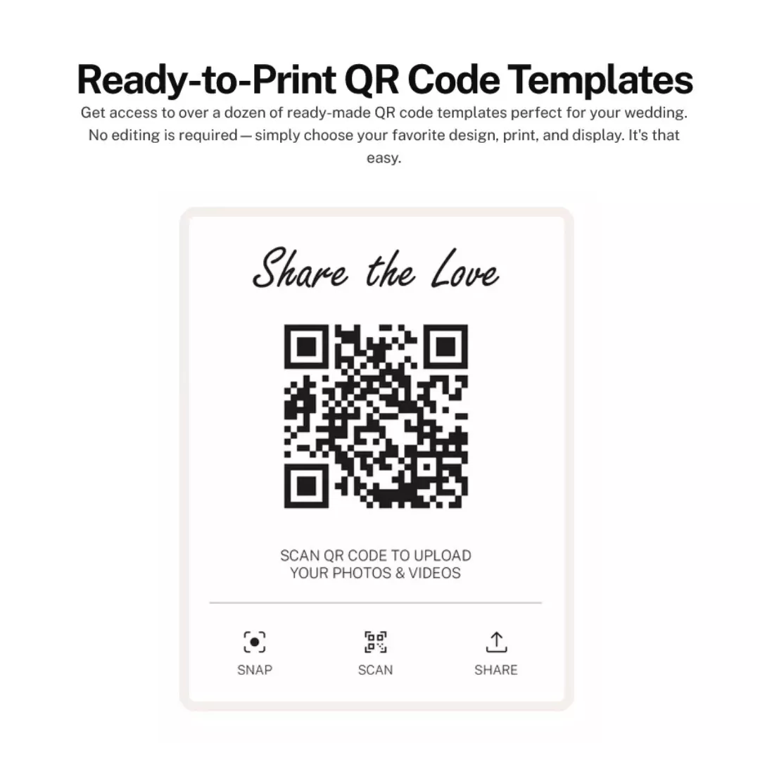 Table sign with QR code for guests to upload wedding photos