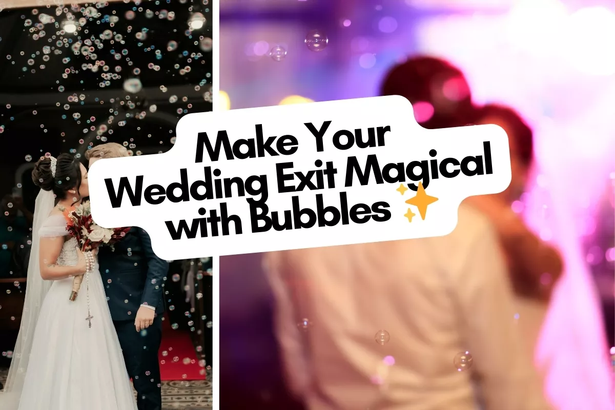 Bride and groom walking through wedding bubbles created by bubble guns during ceremony exit