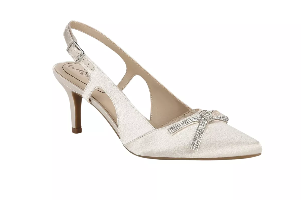 Wide white heel wedding shoes with a stable kitten heel for bridal comfort and support