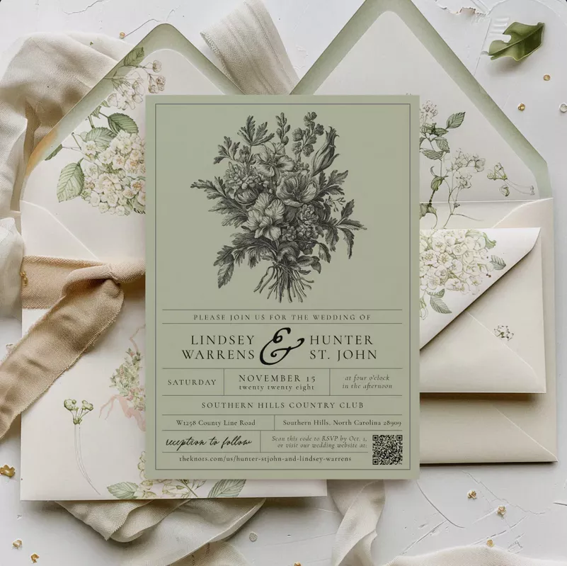 flat lay of a zazzle wedding invitation set including the main invite, RSVP card, thank-you card, and envelope, showing coordinated design, colors, and paper textures