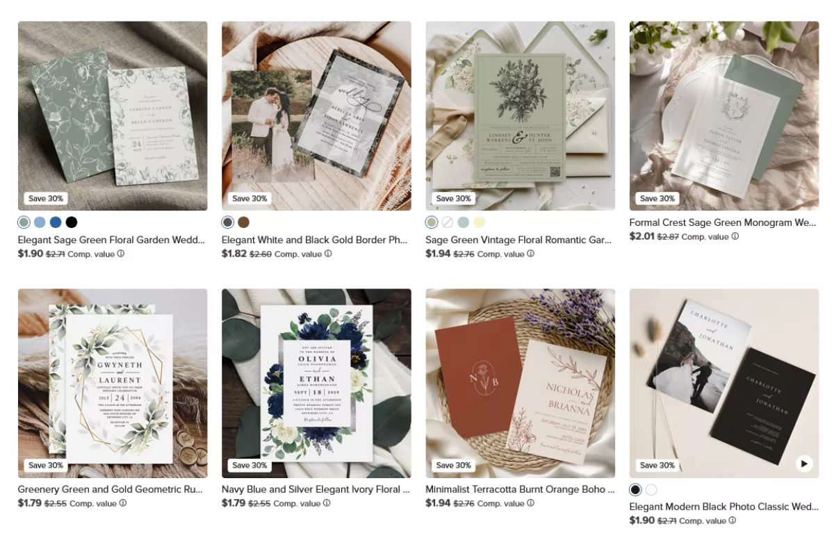 flat lay of collage of zazzle wedding invitation sets showing various designs, envelopes, and sample swatches