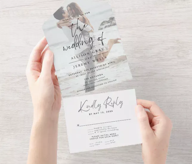 flat lay of a zazzle wedding invitation set showing the main invite, RSVP card, thank-you card, and envelope together for a coordinated all-in-one look