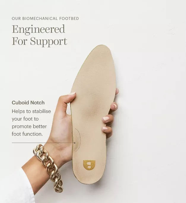 Close-up of Bared engineered sole showing built-in arch support and cushioned footbed design