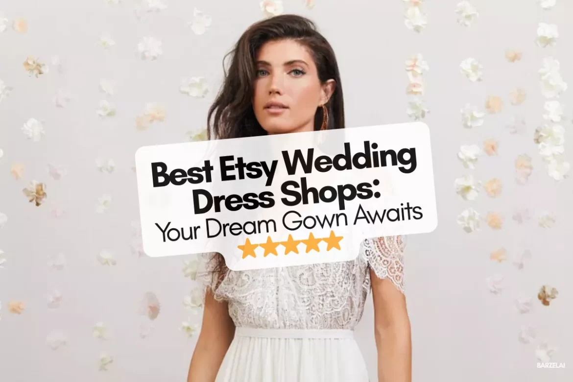 Bride wearing a handmade lace wedding dress from Etsy