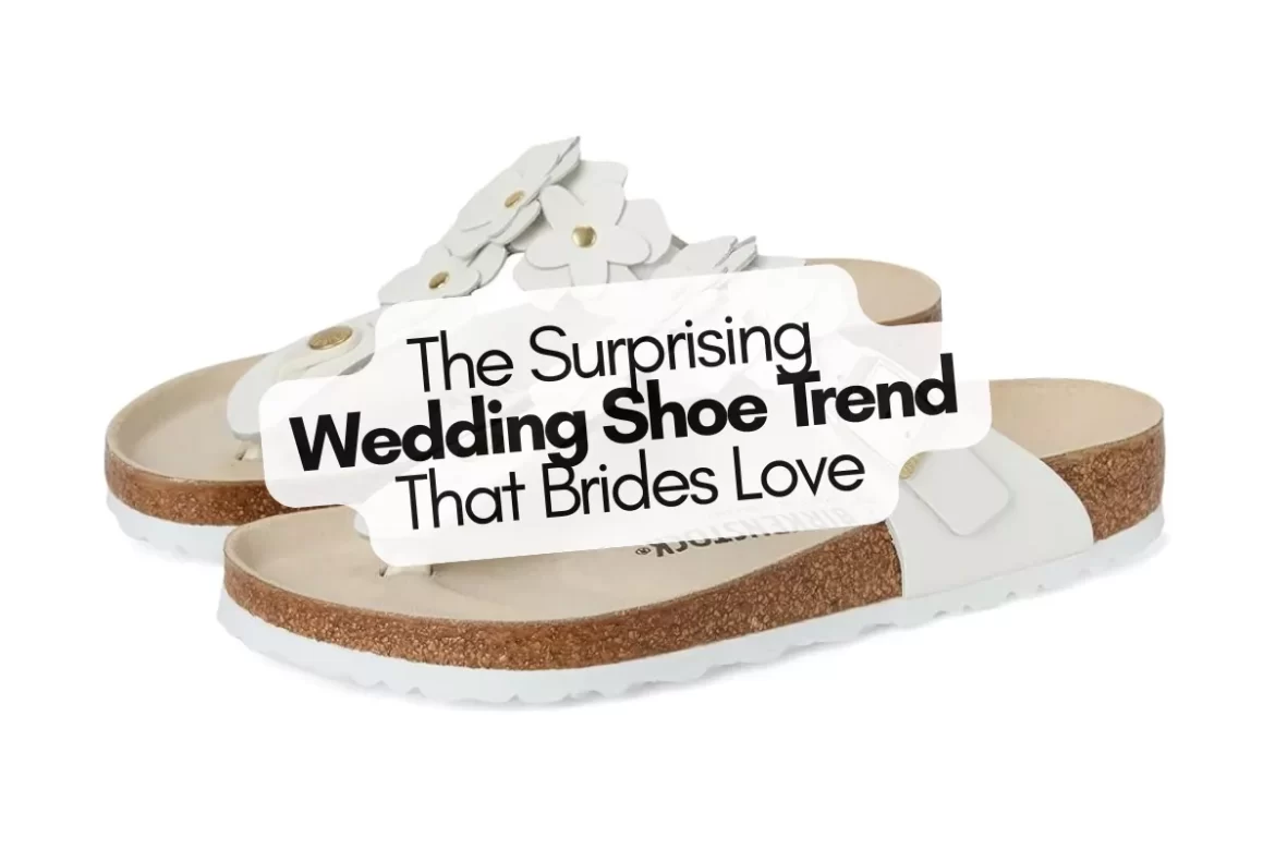 Bride wearing white Birkenstock sandals with a flowy wedding dress outdoors