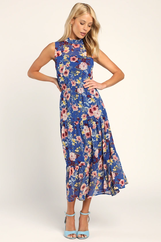 Midi length blue floral midi dress perfect for guest garden party wedding attire