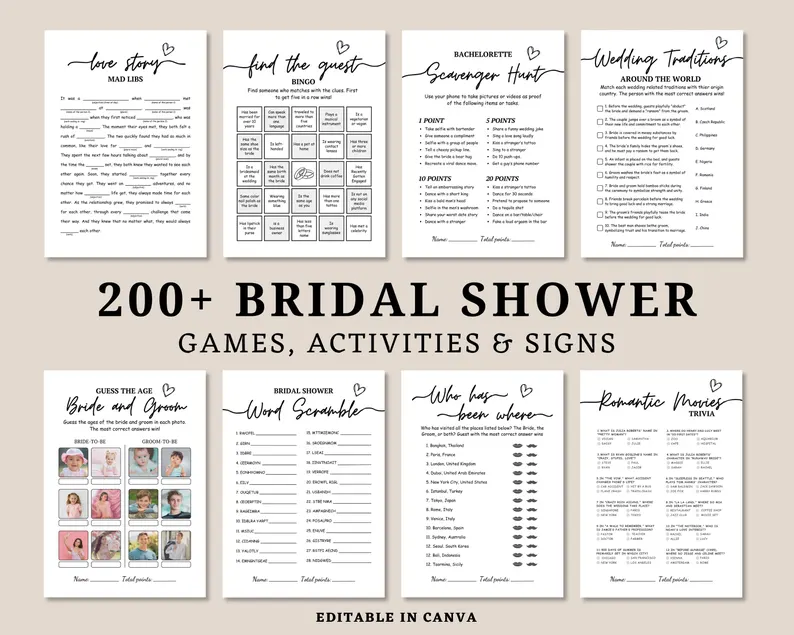 Printable bridal shower game bundle including bingo, trivia and emoji pictionary sheets