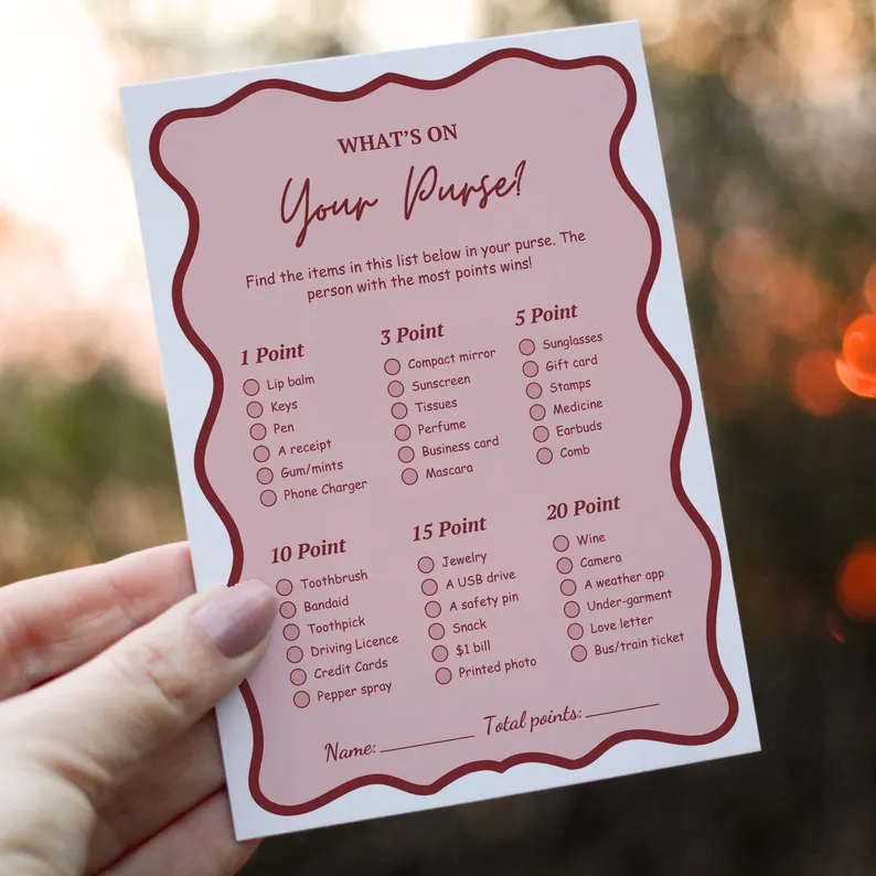 What's in your purse bridal shower game printable card with wavy design