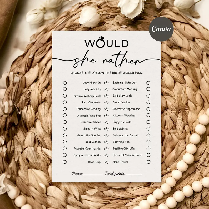 Would she rather bridal shower game printable template