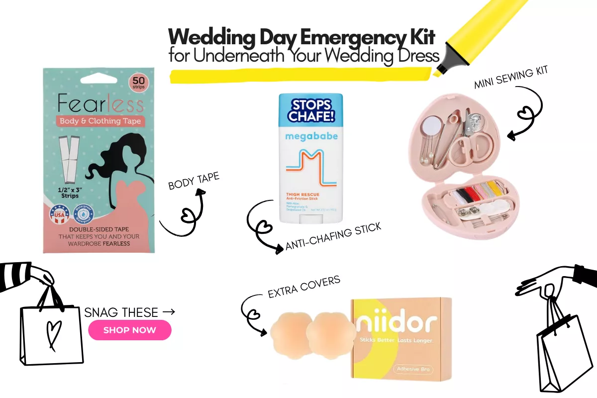 Bridal wedding day emergency kit for undergarments, includes fashion tape, nipple covers, safety pins, and anti-chafing essentials for wedding dresses