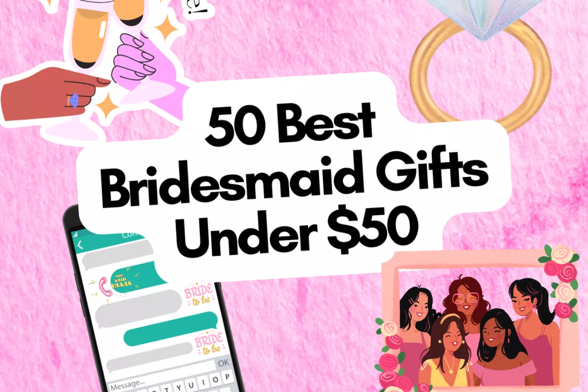 bridesmaid gifts under 50 dollars that look expensive including personalized jewelry, pajamas, tote bags, and affordable bridal party gift ideas