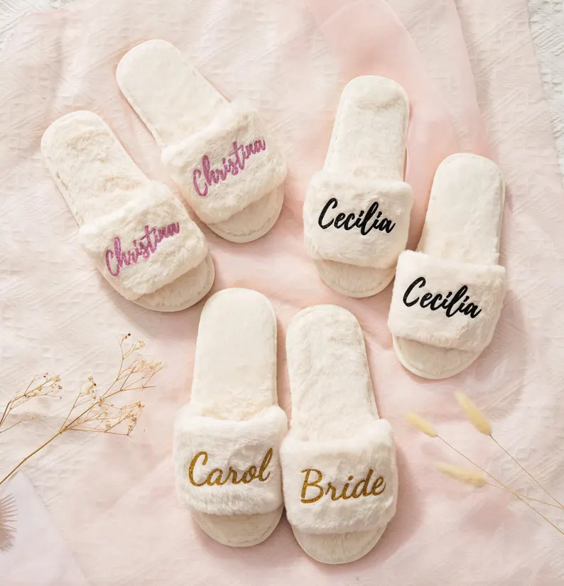 Cozy and fluffy bridesmaid slides for getting ready on wedding morning