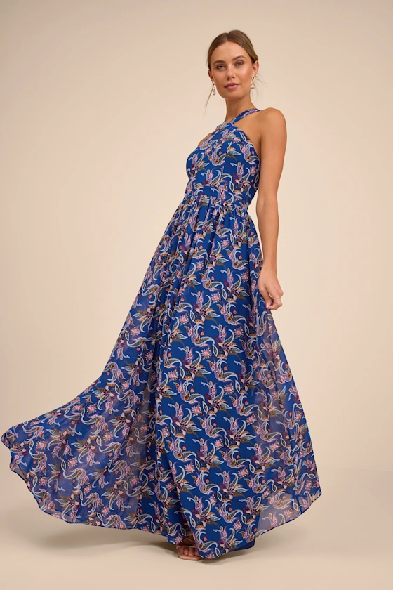 Maxi length dark blue floral midi perfect as garden party wedding guest dress