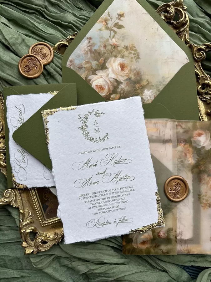 High-end deckled edge wedding invitation card with gold