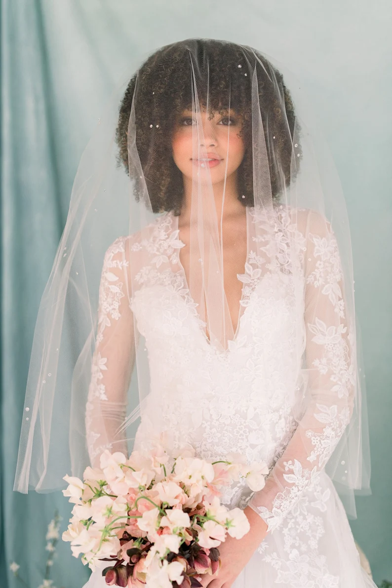 modern illusion tulle bridal veil with pearl dew drop accents