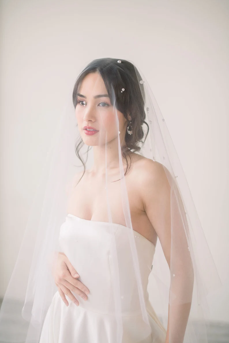 fingertip pearl wedding veil with light scatter detailing