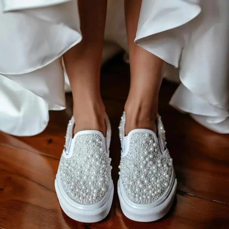 slip on sneaker wedding flats with pearls