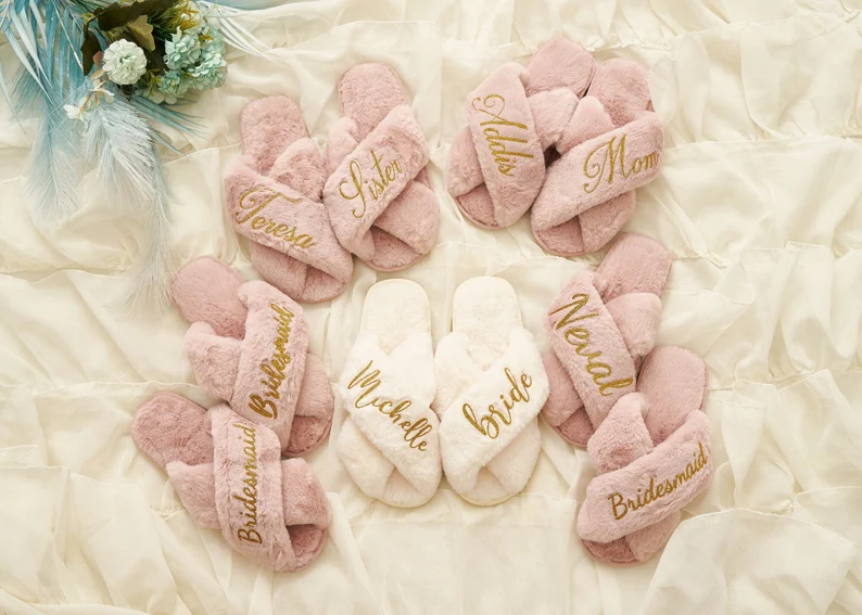 Soft and fluffy bridesmaid slippers for getting ready on wedding morning