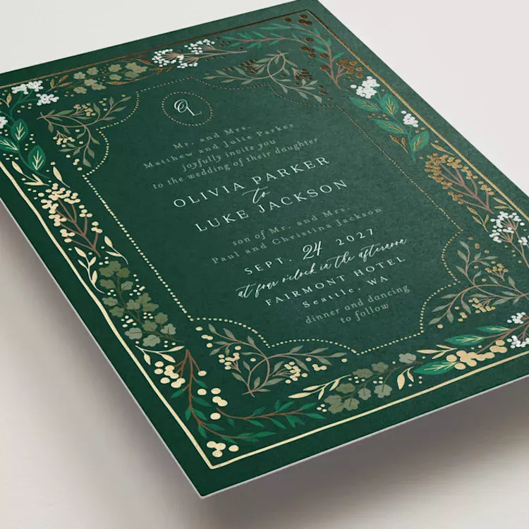 Luxury invitation card with gold foil accents, perfect for luxe black tie weddings