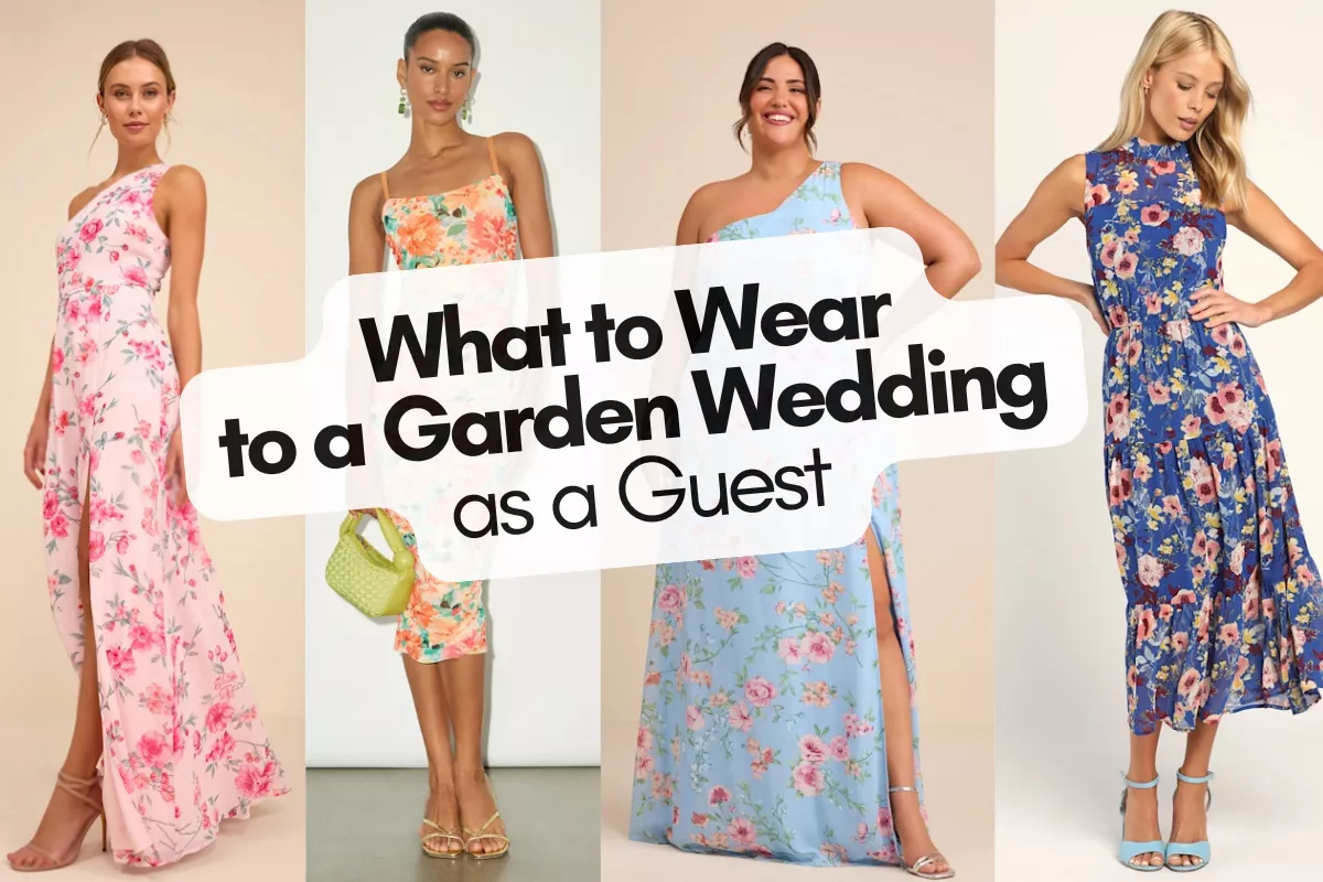 Garden party wedding guest dress ideas for outdoor weddings with floral, midi, and maxi options