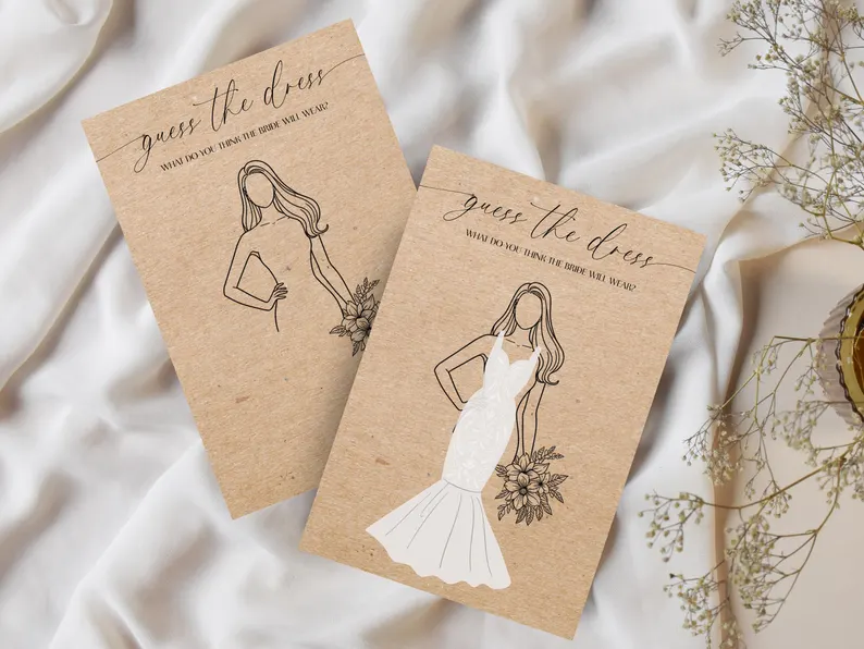 Guess the dress bridal shower game on kraft paper using white pencils