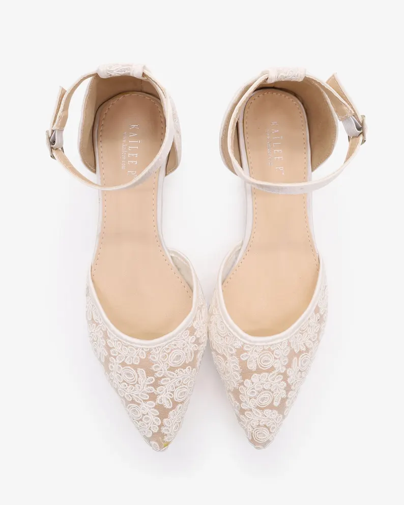 Ivory lace wedding flats with ankle strap for all day bridal shoe comfort