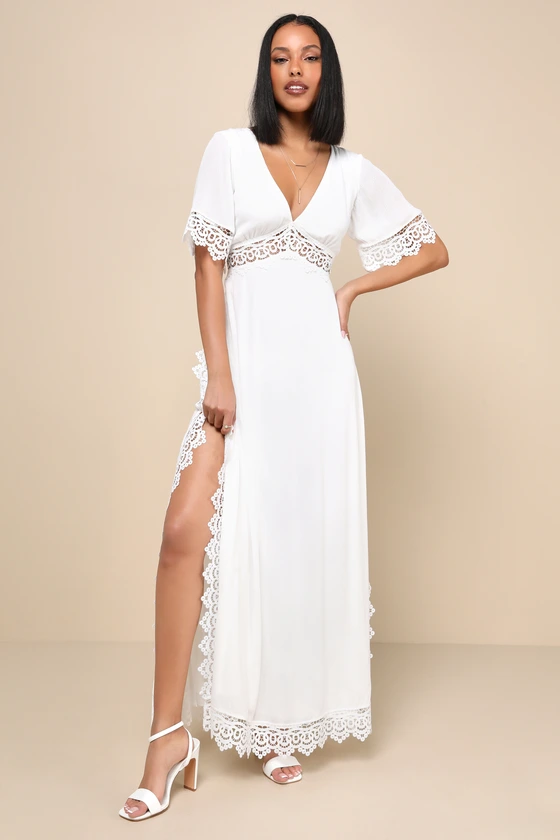 Bride wearing v-neck short sleeve lace maxi dress for bridal shower outfit