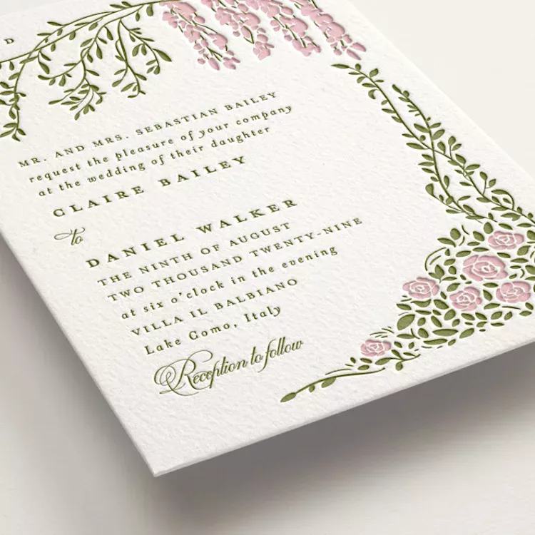 Luxury wedding invitation card featuring traditional letterpress printing on thick cotton paper