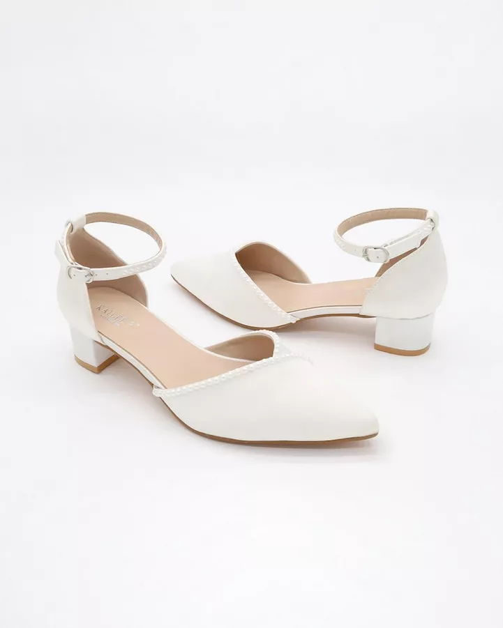 White closed toe low block bridal shoes comfortable for outdoor wedding on grass, dirt, or gravel