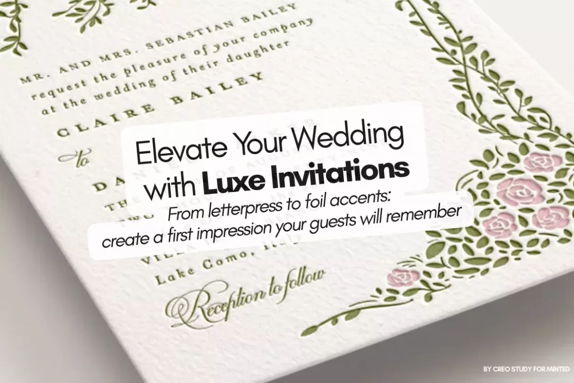 Elegant luxury wedding invitations on a textured table setting with envelopes and gold accents