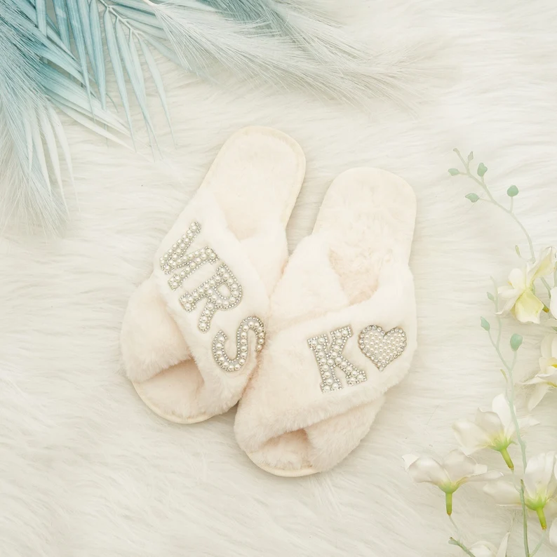 Elegant Mrs. Pearl bridesmaid slippers for getting ready on wedding morning