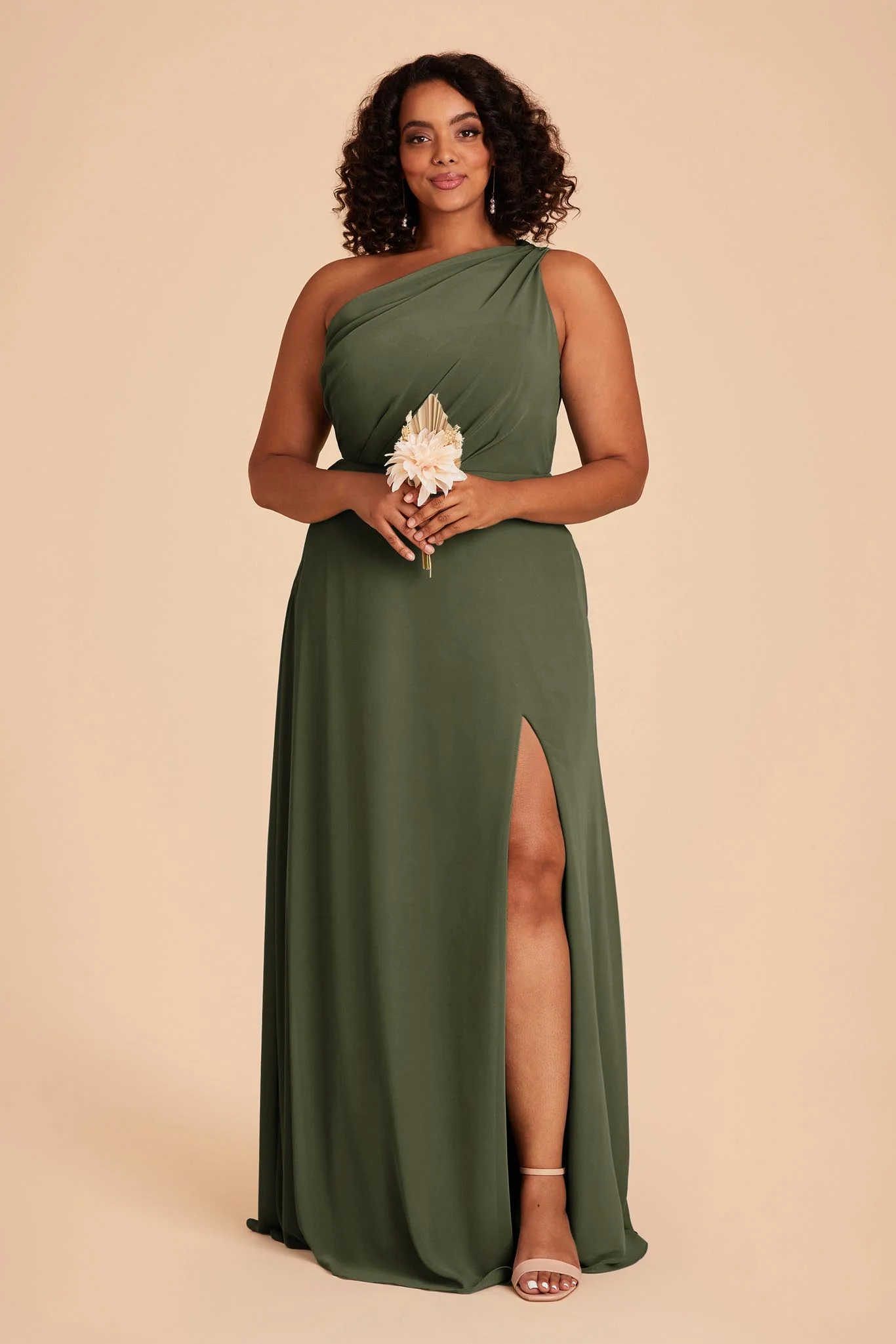 Plus size olive bridesmaid dress with one-shoulder neckline and comfortable fit