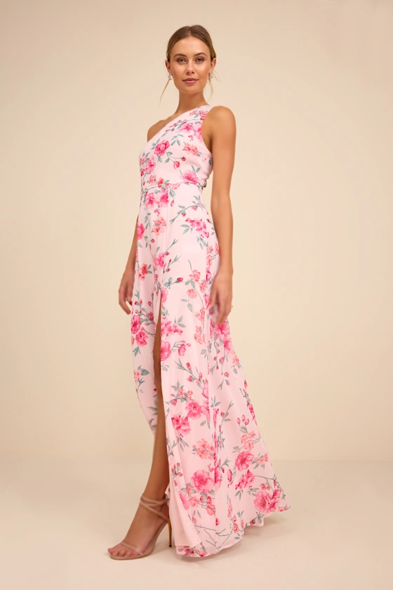 One-shoulder pink floral maxi for garden wedding guest dress