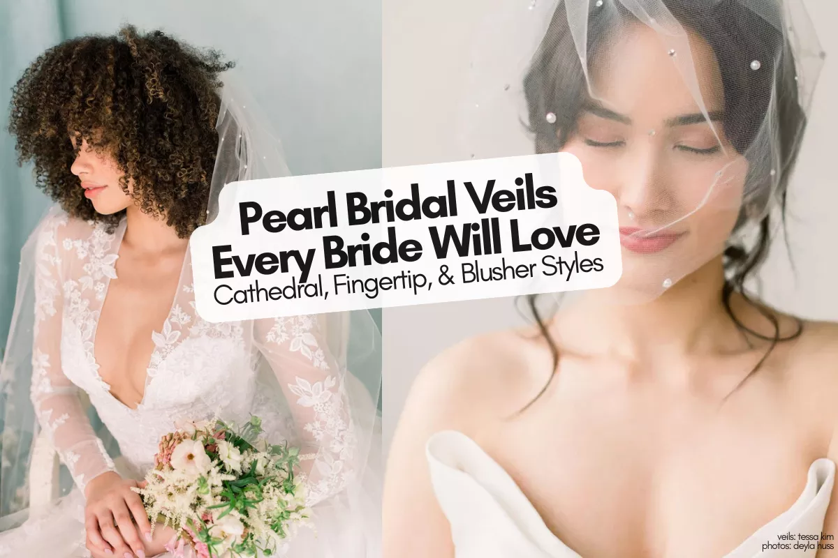 Pearl bridal veil displayed on wedding dress, featuring cathedral, fingertip, and blusher styles, handmade Etsy veils