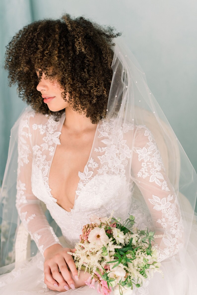 cathedral pearl bridal veil with scattered pearls on tulle