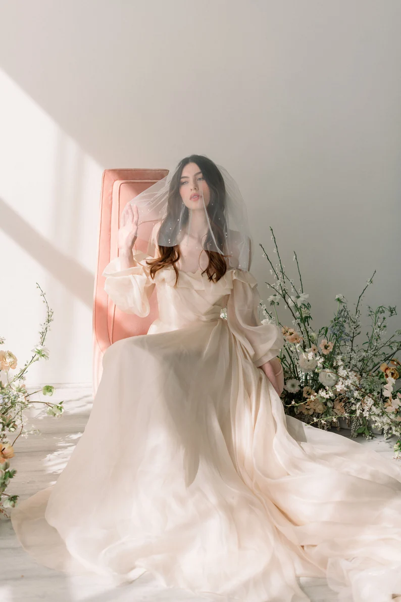 pearl bridal veil photographed in golden hour light