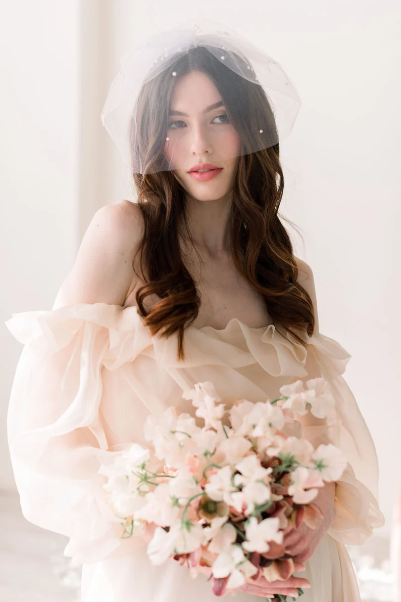 simple tulle bridal veil with pearl edge scatter trim