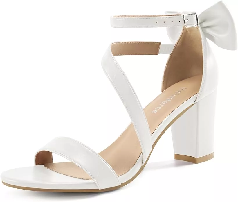Pearl strap block heel sandals for brides with bow, Amazon wedding shoes under $50