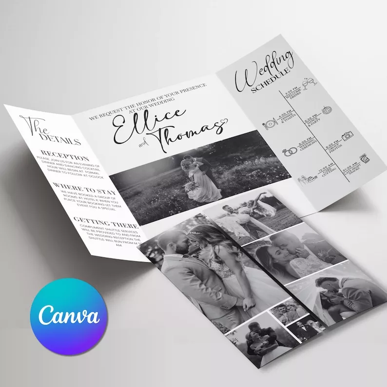 Tri fold wedding invitation featuring black and white photos and wedding itinerary