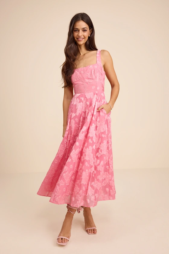 Pink floral jacquard midi dress for a garden party wedding guest outfit