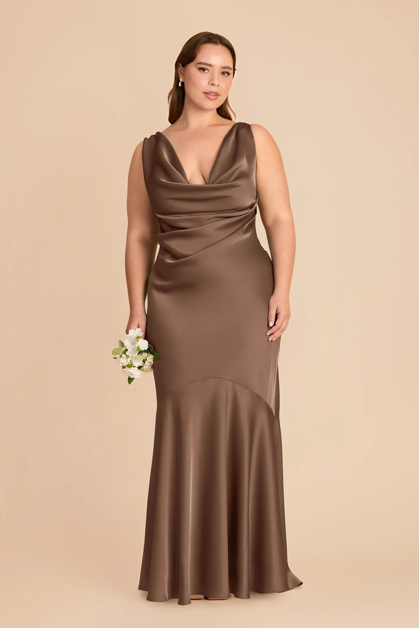 Modern plus size maid of honor dresses with flattering neckline in mocha satin