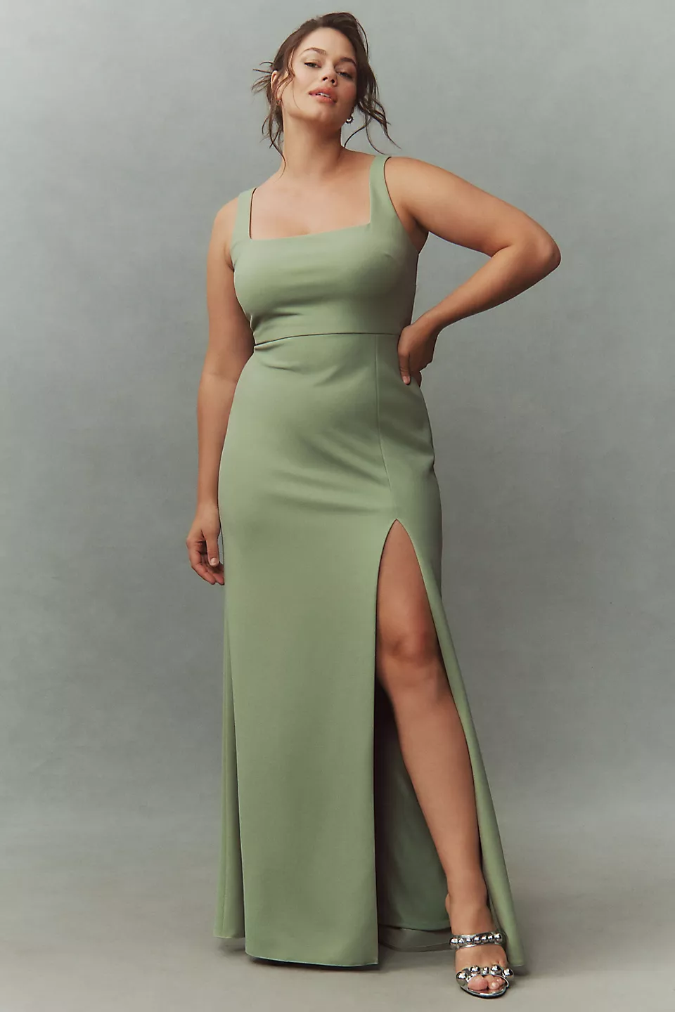 Sage green plus size square-neck bridesmaid dresses in crepe knit for an elegant formal wedding