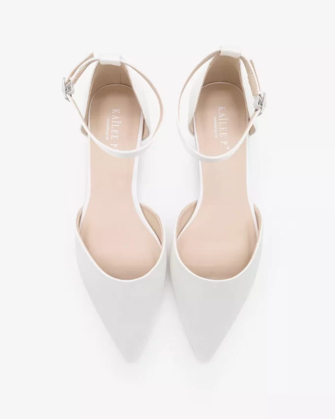 Pointed toe white satin flats for the bride with ankle strap