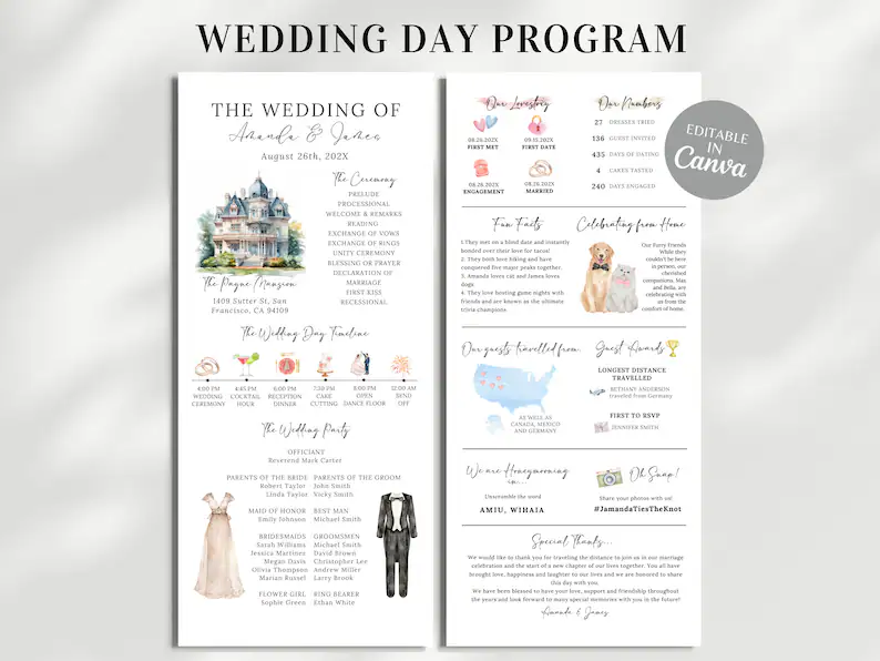 Infographic ceremony program that includes personalized info about bridal party