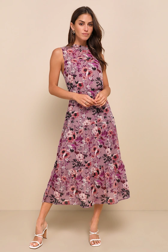Purple and mauve floral print garden wedding guest dress